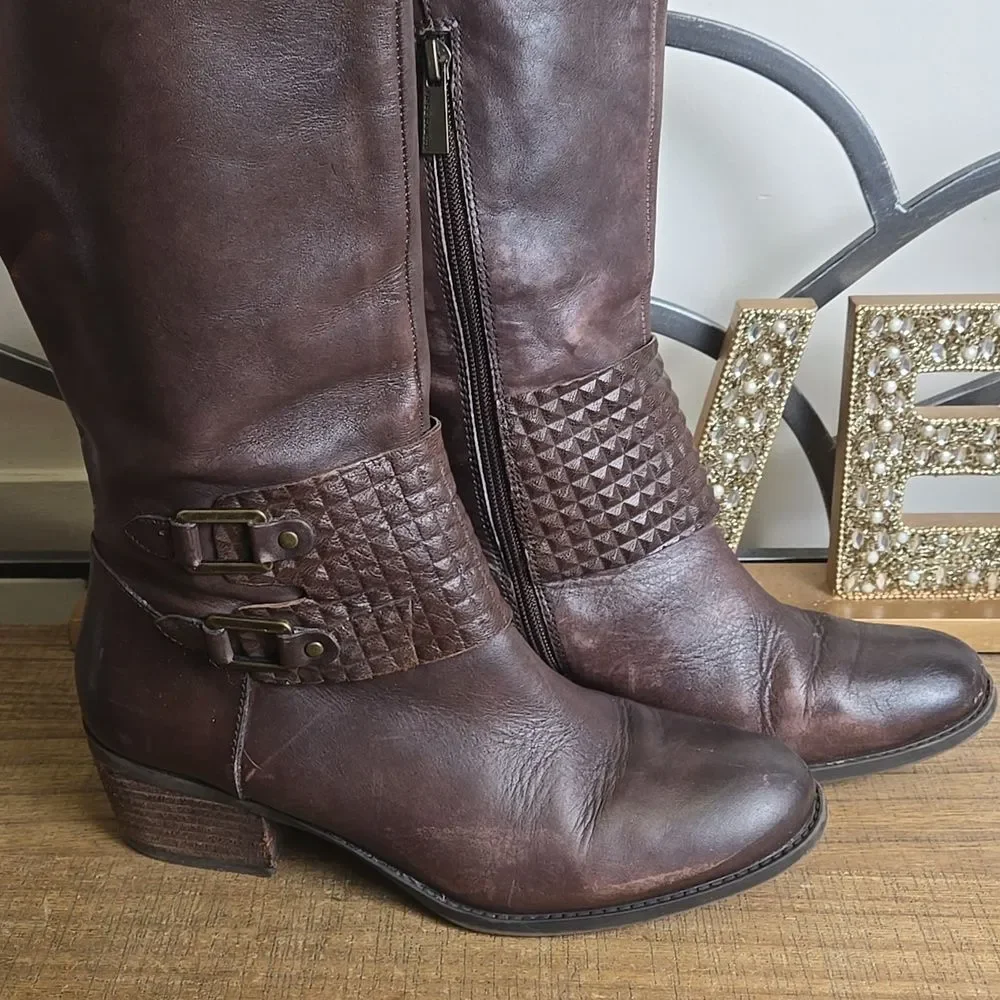 Vince Camuto Brown Knee High Studded Two Buckle Riding Boots Women's Sz 8 Boho